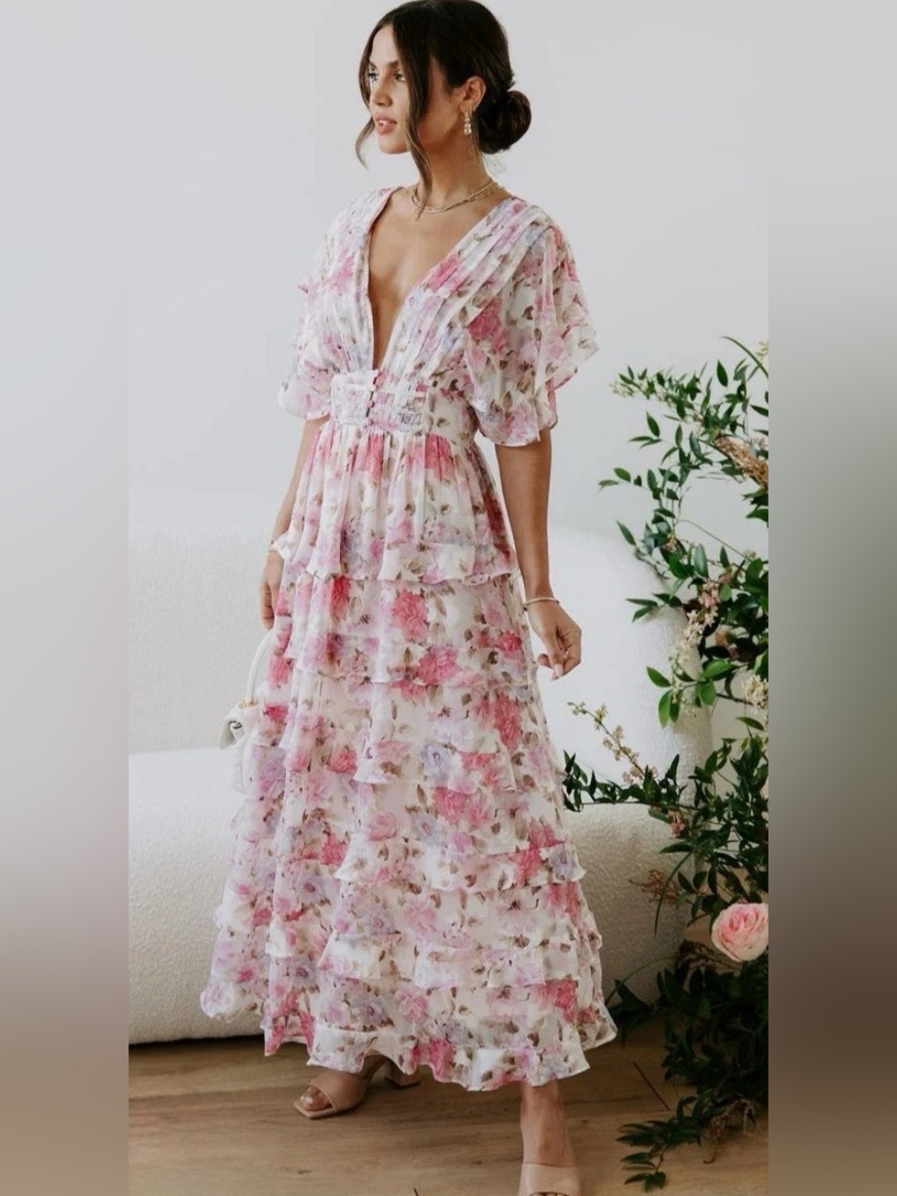 Storia Pink Floral Tiered V-Neck Maxi Dress